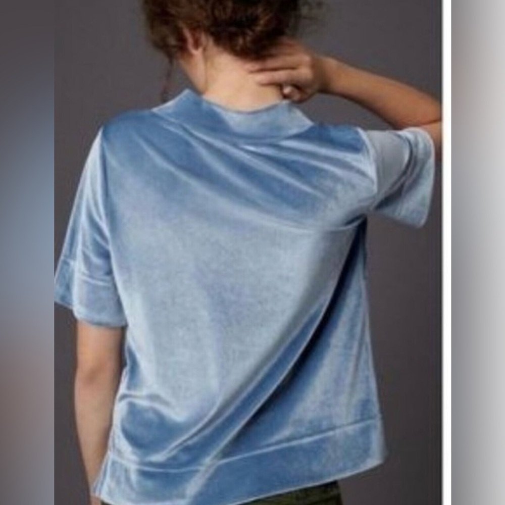 Anthropologie Krisha Velvet Mock Neck Top Blouse Short Sleeves Blue Stre… - Picture 2 of 8